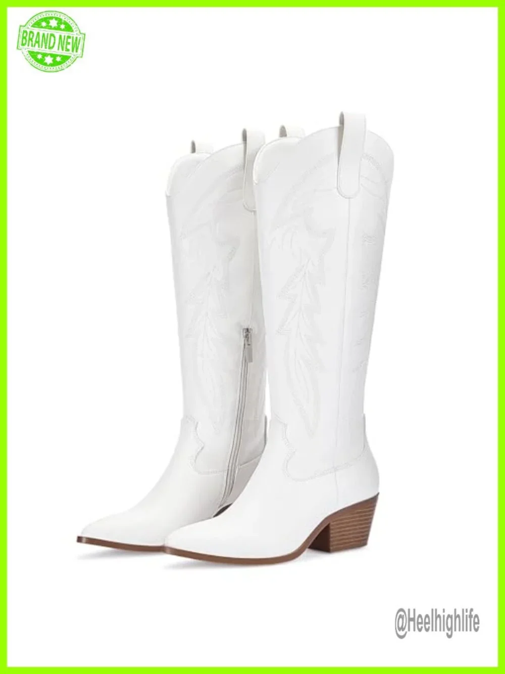 Knee High Cowgirl Boots with Embroidery Pointed Toe Block Heel Western Faux